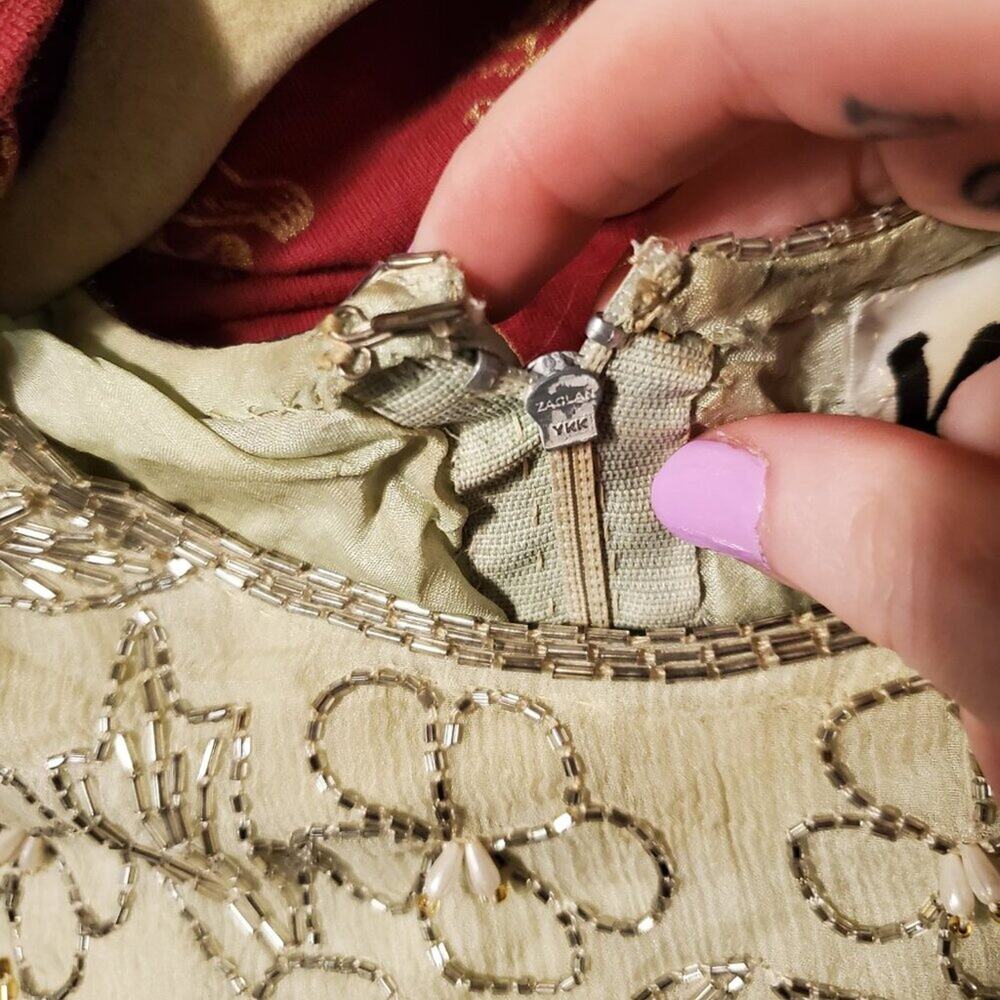 Vintage 1970s Retro Green Silk Floral Palm Leaf Gold Beaded Maxi Dress - Picture 11 of 15